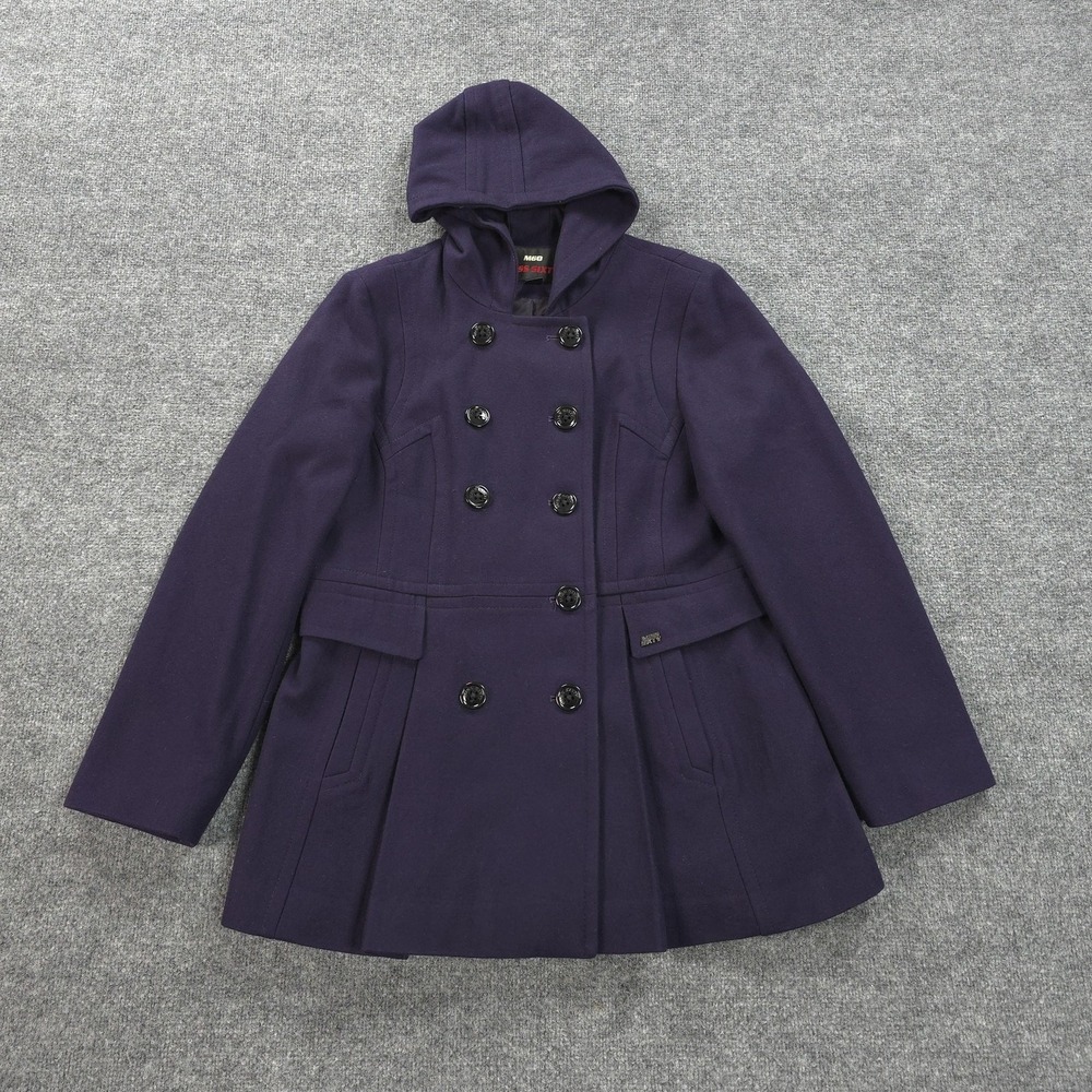 Miss Sixty Coat Womens XL Purple Wool‎ Hooded Pea Coat Pleated Double Breasted